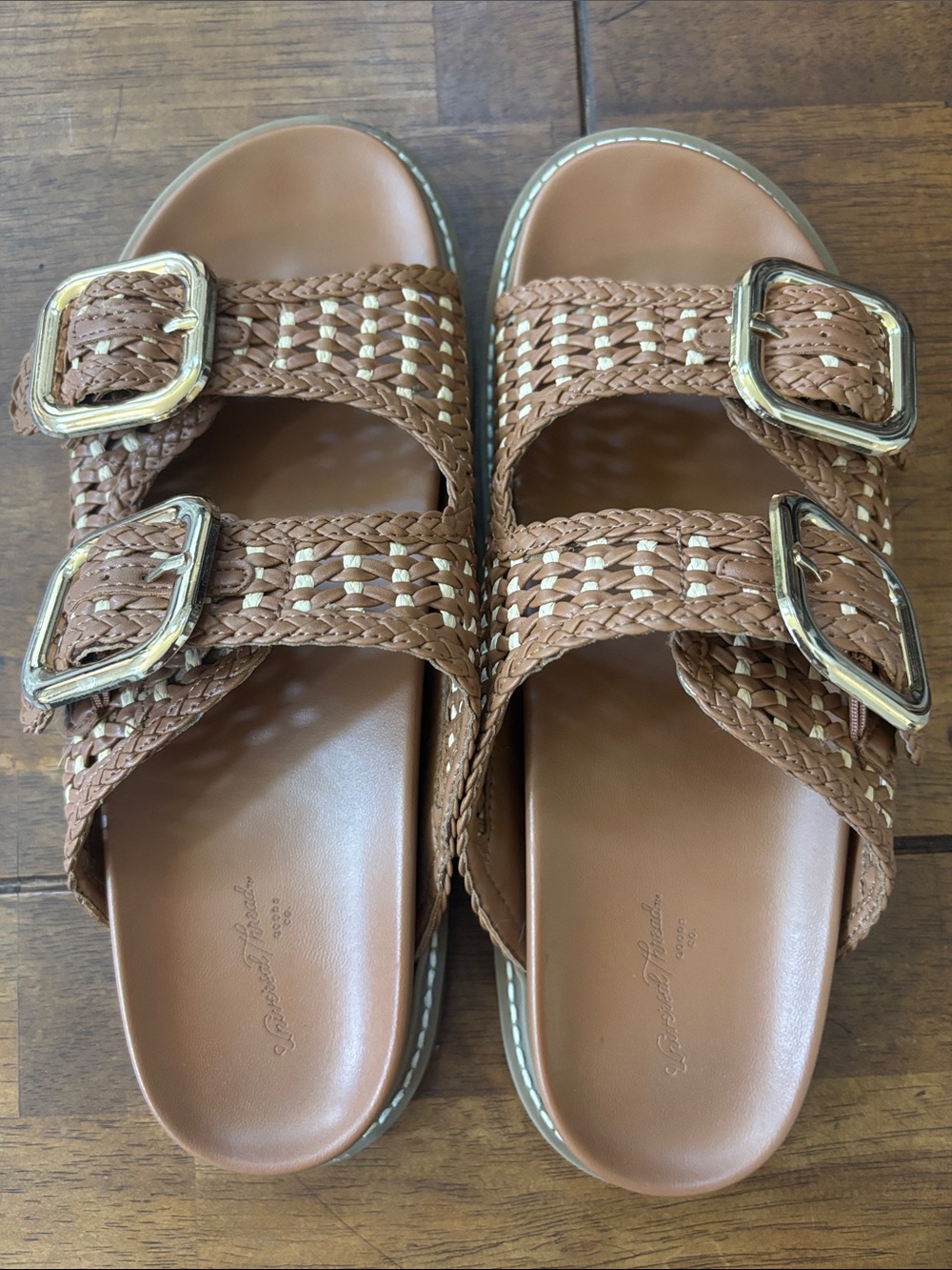 Universal Thread Braided Double-Buckle Slide Sandals in Tan with Gold Buckles